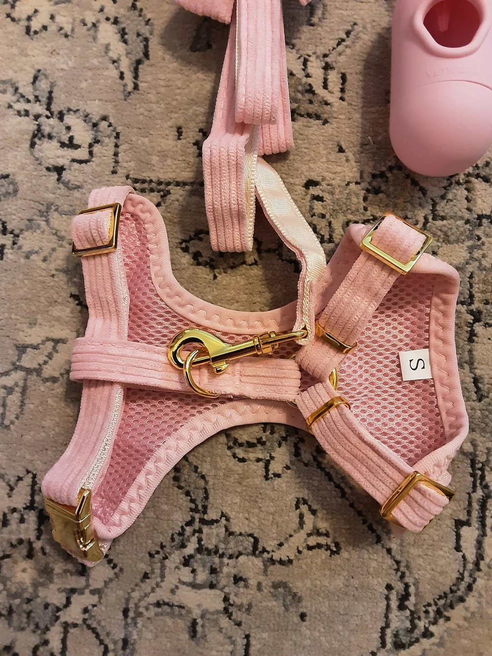 Pink Dog Harness & Leash Set with Bow and Waste Bag Holder